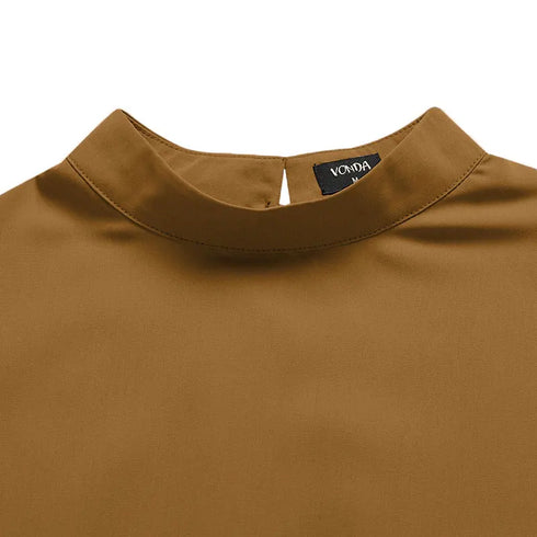 VONDA Women Fashion Blouse 2024 Elegant Autumn Tunic Tops Casual Stand Collar 3/4 Flare Sleeve Office Shirts Oversized Blusas