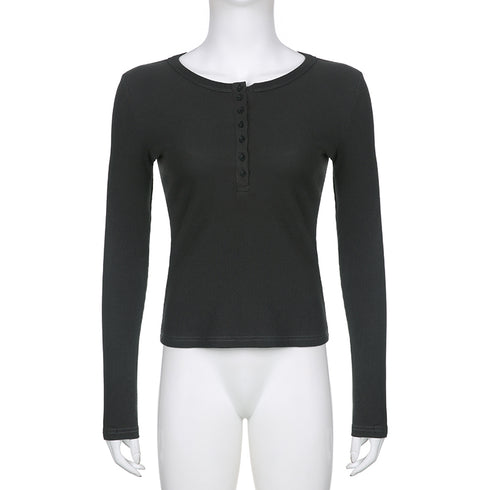 Y2K Slim Fit Brown Crop Top with Button Detail