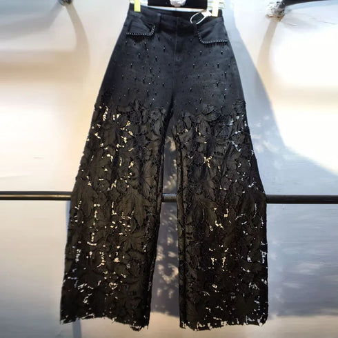 Black Lace Detail Wide Leg Jeans for Women