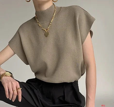 Solid Stand-up Collar Knitted Blouse Vest
