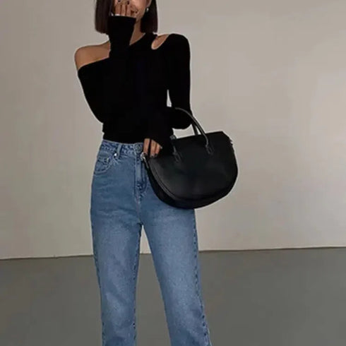 Fashion Skew Collar Off-shoulder Long-sleeved T-shirts Women Spring New Solid Slim Fit Crop Top Sexy Hollow Out Tees Shirts