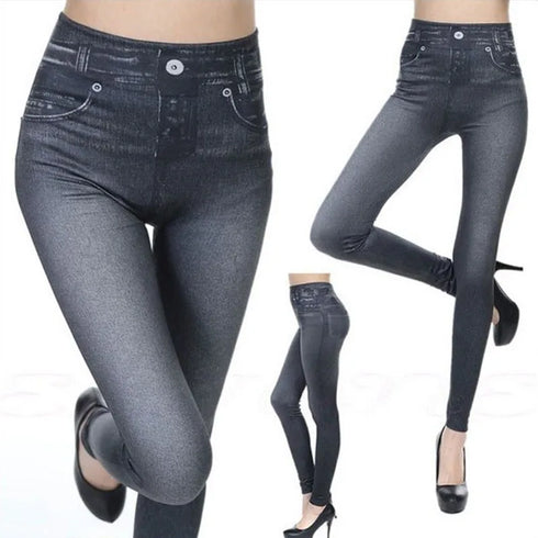 Women's Denim Print Slim Leggings in Black and Blue
