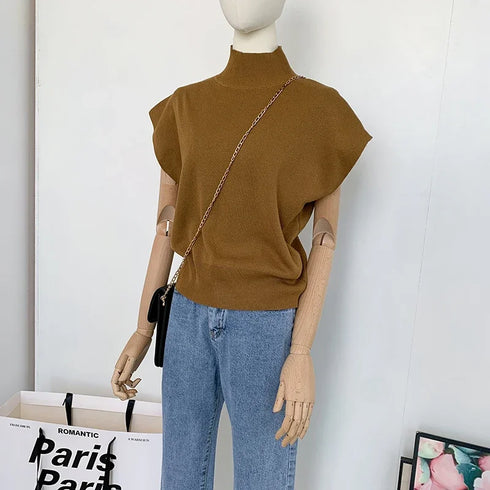 Solid Stand-up Collar Knitted Blouse Vest