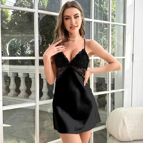 Satin Lace Chemise Nightgown with V-Neck Design