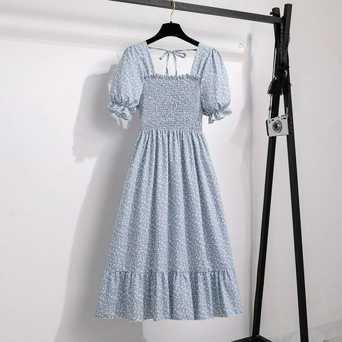 Floral A-Line Chiffon Dress with Short Sleeves
