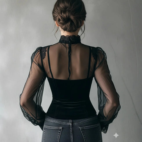 Elegant Sheer Black Blouse with Lantern Sleeves
