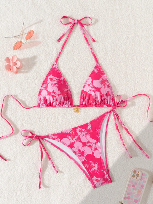 Floral Print Triangle Bikini Set with Brazilian Bottoms