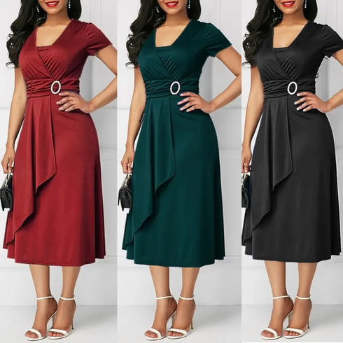 Elegant V Neck Midi Dress with Asymmetric Hem