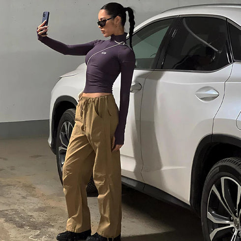 Y2K Long Sleeve Zip Crop Top for Women