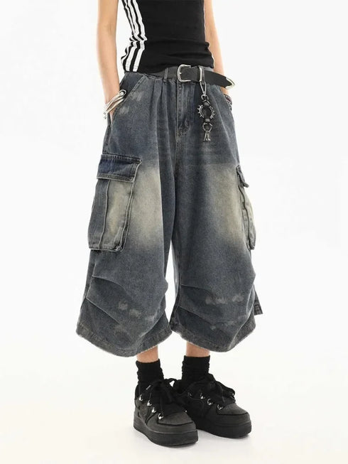 High Waist Vintage Blue Denim Cargo Pants