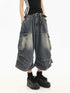 High Waist Vintage Blue Denim Cargo Pants