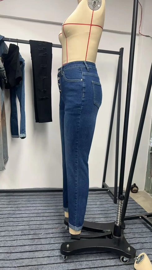 High Waist Blue Denim Jeans with Button Detail