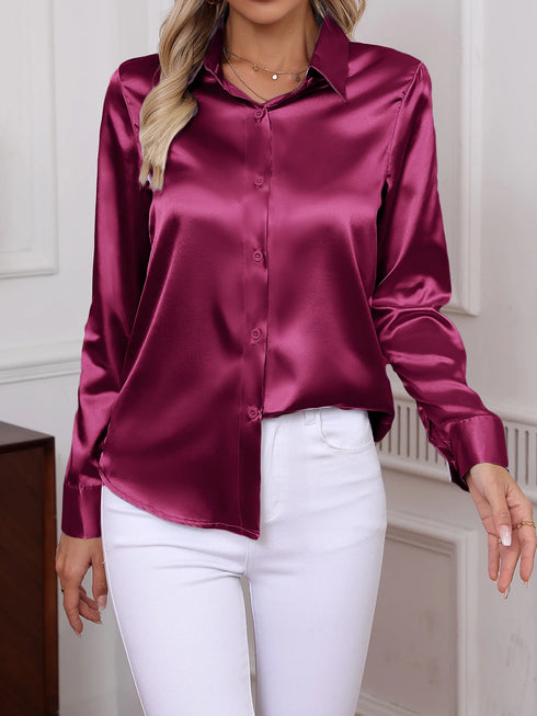 Elegant Turn-down Collar Button-front Satin Long Sleeve Women's Shirt for Daily Commute And Business Casual Wear