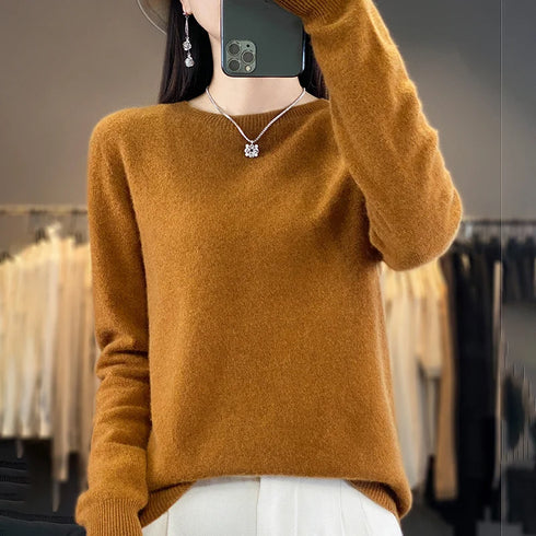 Women 100% Pure Merino Wool O-Neck Sweater