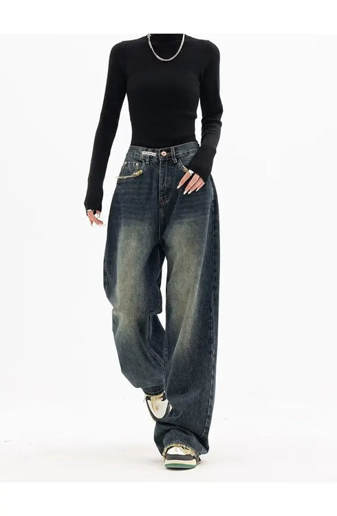 High Waist Wide Leg Jeans in Navy Blue