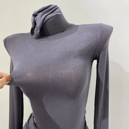 Turtleneck Long Sleeve Women's Top - See-Through Style