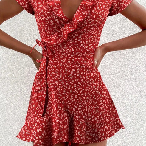 Floral A-Line Mini Dress with Ruffles and V-Neck