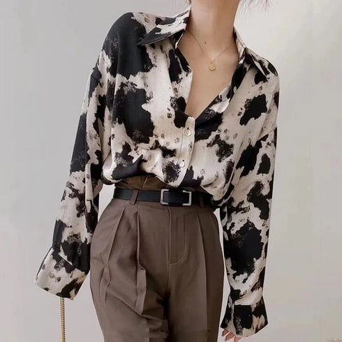 Spring Cow Print Button-Up Blouse for Women