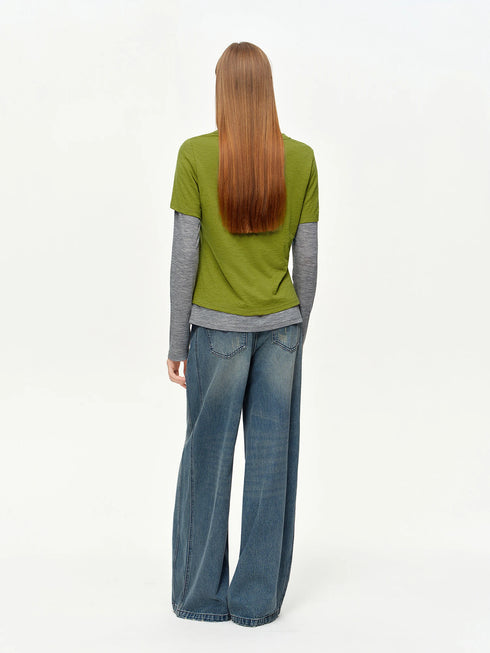 DUSHU Women's Green and Grey Layered Knit Top
