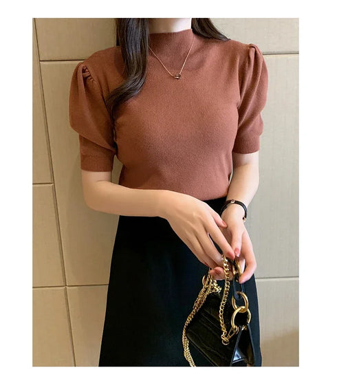 Women's Puff Sleeve Knitted Blouse with Half Turtleneck