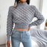 Hollow Out Long Sleeve Knitted Crop Top in Grey and Khaki
