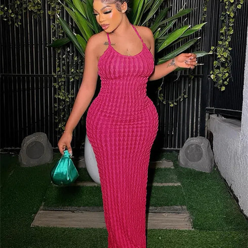 Kliou Solid Ruched Maxi Dress - Backless Bodycon Style