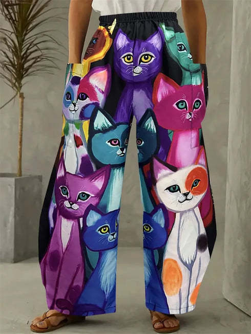 Women's Cartoon Cat Loose Wide-Leg Pants