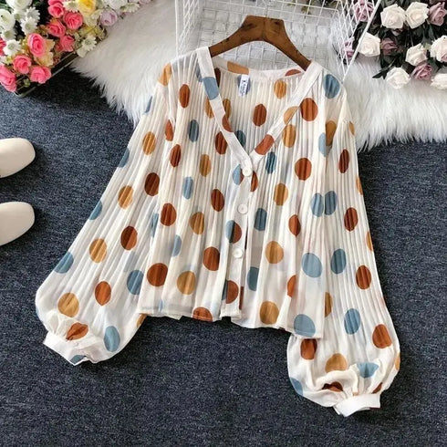 Polka Dot V-Neck Chiffon Blouse with Lantern Sleeves