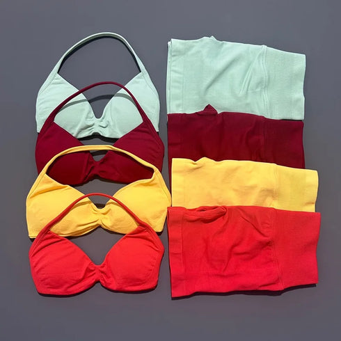 HISTELLO Women's Seamless Yoga Set with Strappy Bra and Shorts