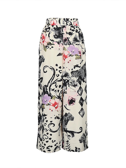 Plus Size Wide Leg Casual Trousers with Print Design