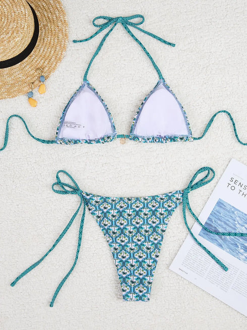 Floral Print Triangle Bikini Set with Brazilian Bottoms