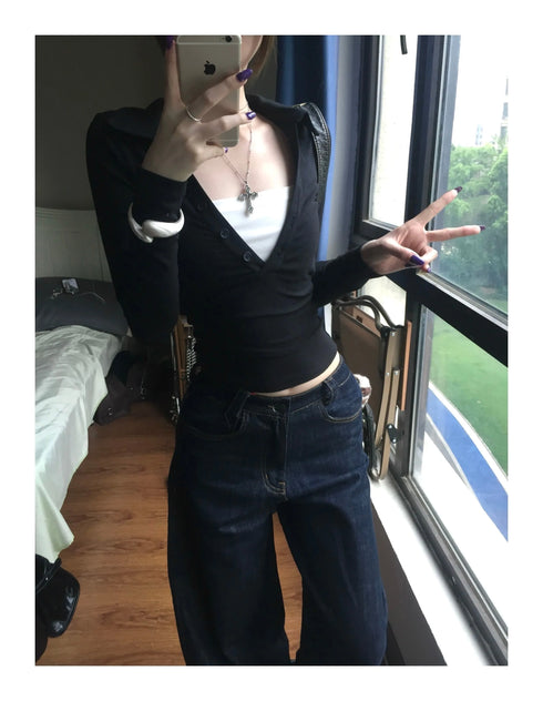 Genayooa Retro Y2K Long Sleeve Black T-shirt for Women