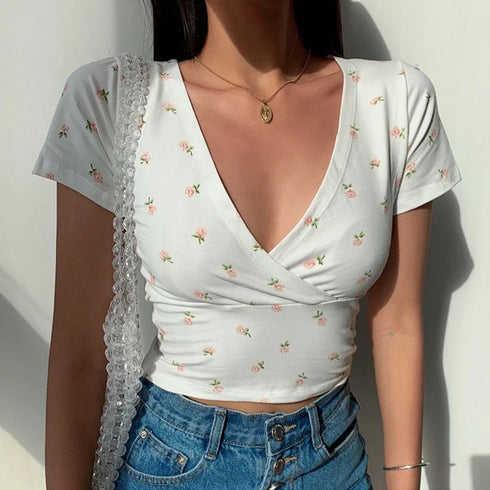 Floral Cross Crop Top - Short Sleeve V-Neck