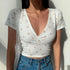 Floral Cross Crop Top - Short Sleeve V-Neck