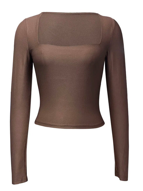 Women's Slim Fit Crop Tops Fashion Long Sleeve Square Neck Solid Color Pullover Basic T-Shirt Dressy Blouses 2024 New Streetwear