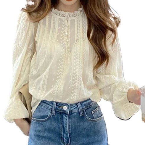 Elegant Apricot Long Sleeved Blouse with Lace Detail