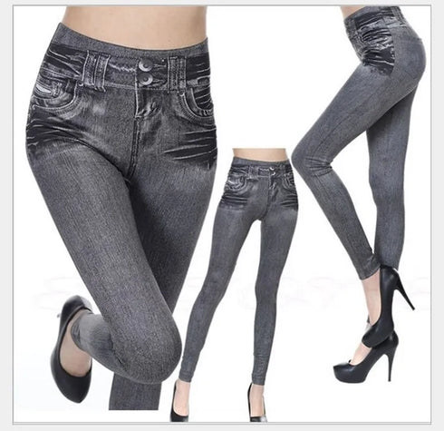 Women's Denim Print Slim Leggings in Black and Blue