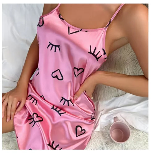 Women’s Satin Chemise Nightdress with Heart Print