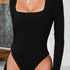 Bodysuit Long Sleeve Women Bodycon Square Neck Black Top