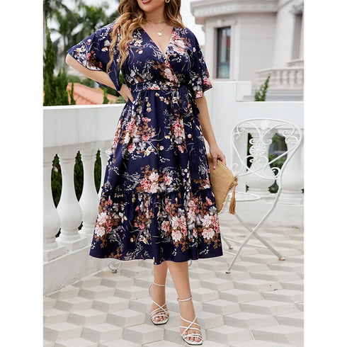 Plus Size V-Neck Navy Blue Floral Dress for Women