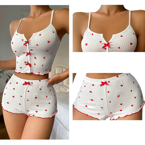 Heart Print Women's Pyjama Set with Frill Trim