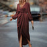 Women’s Maxi Satin Dress with V-Neck and Long Sleeves