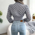 Hollow Out Long Sleeve Knitted Crop Top in Grey and Khaki