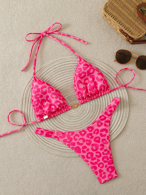 Leopard Print Triangle Bikini Set