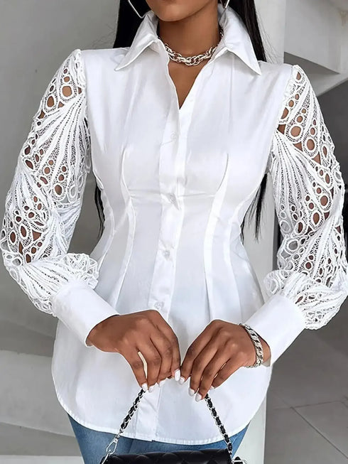Plus Size Long Sleeve Turndown Collar Blouse