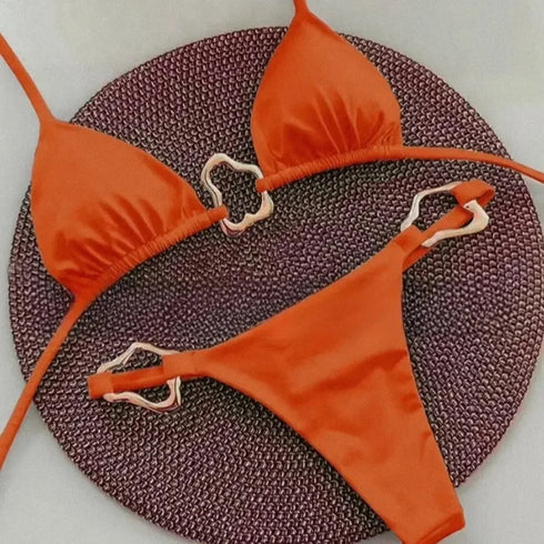 Lace-Up Solid Colour Two-Piece Bikini Set