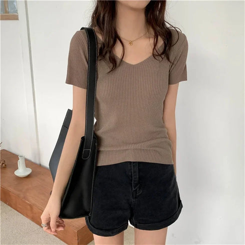 Basic V-neck Ribbed Summer Pullover Sweater