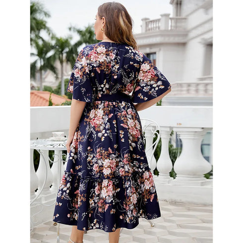 Plus Size V-Neck Navy Blue Floral Dress for Women