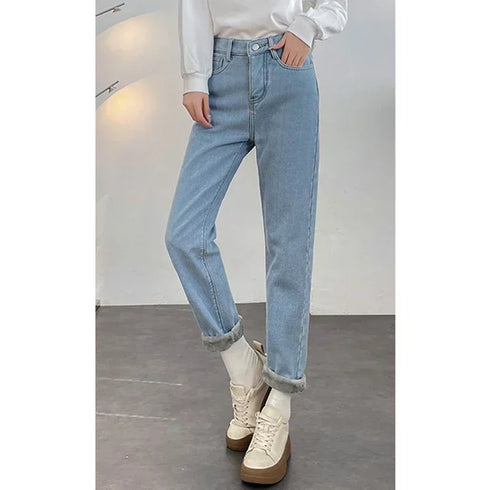 High Waist Vintage Fleece Jeans for Women