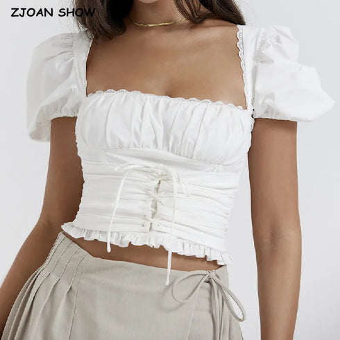 2023 Sexy Corset White Ruched Chest Square Collar Short Puff Sleeve Shirt Women Cross Lacing up Bandage Waist Bodycon Crop Tops